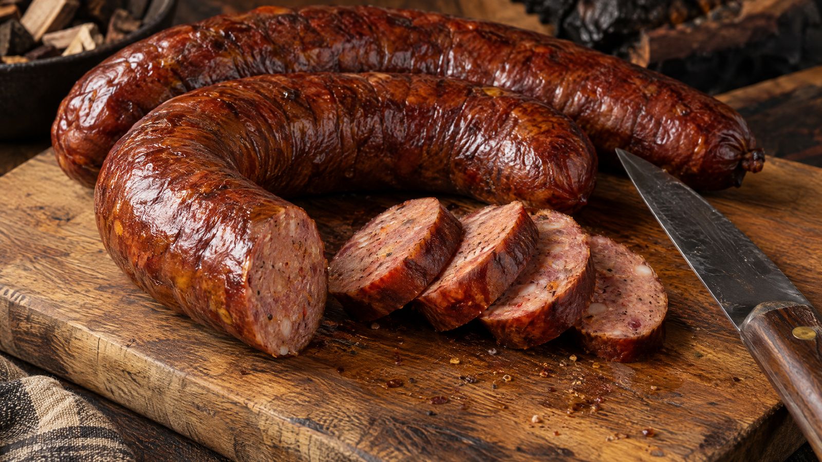 Smoked andouille sausage on a cutting board