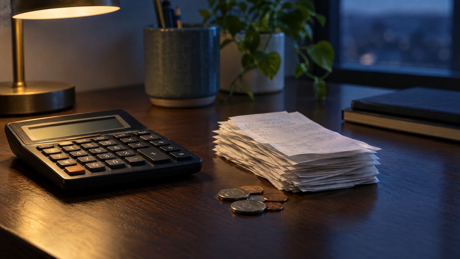 Calculator, receipts and coins on a desk