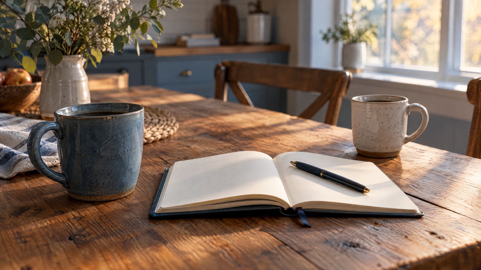 Two coffee mugs and an open notebook on a kitchen table