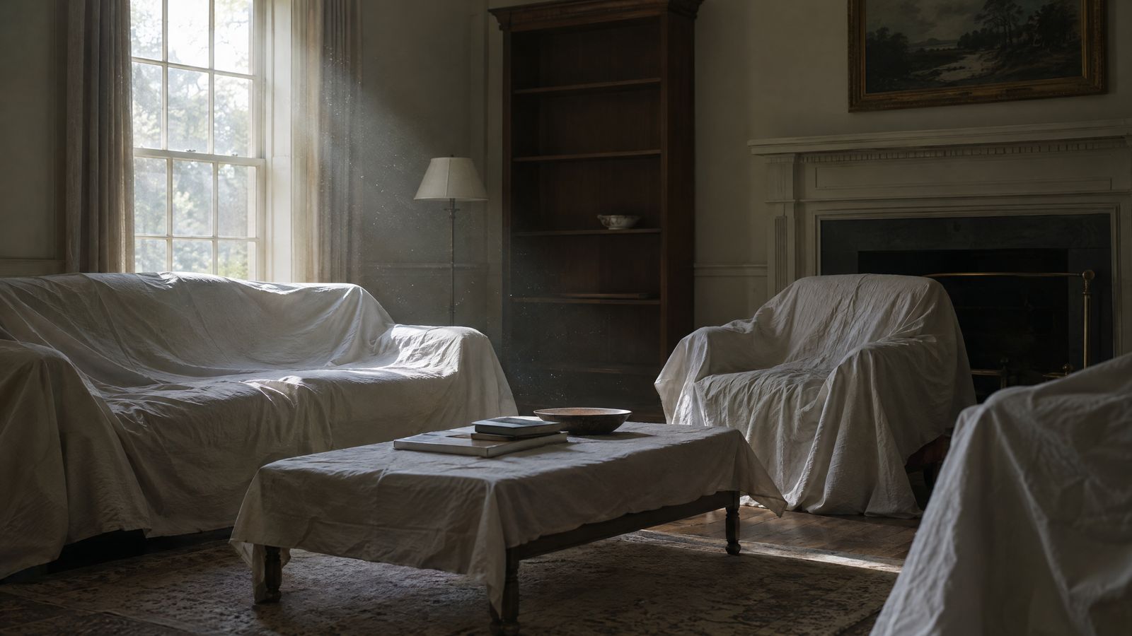 Living room with furniture under dust sheets