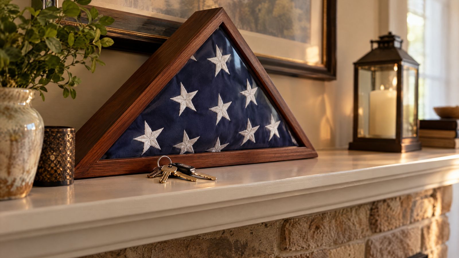 Folded American flag in a display case with house keys