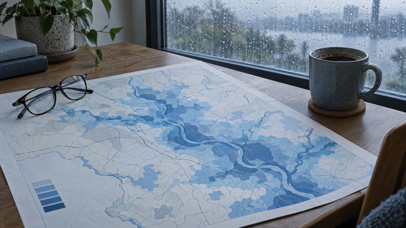 Flood zone map spread on a table on a rainy day