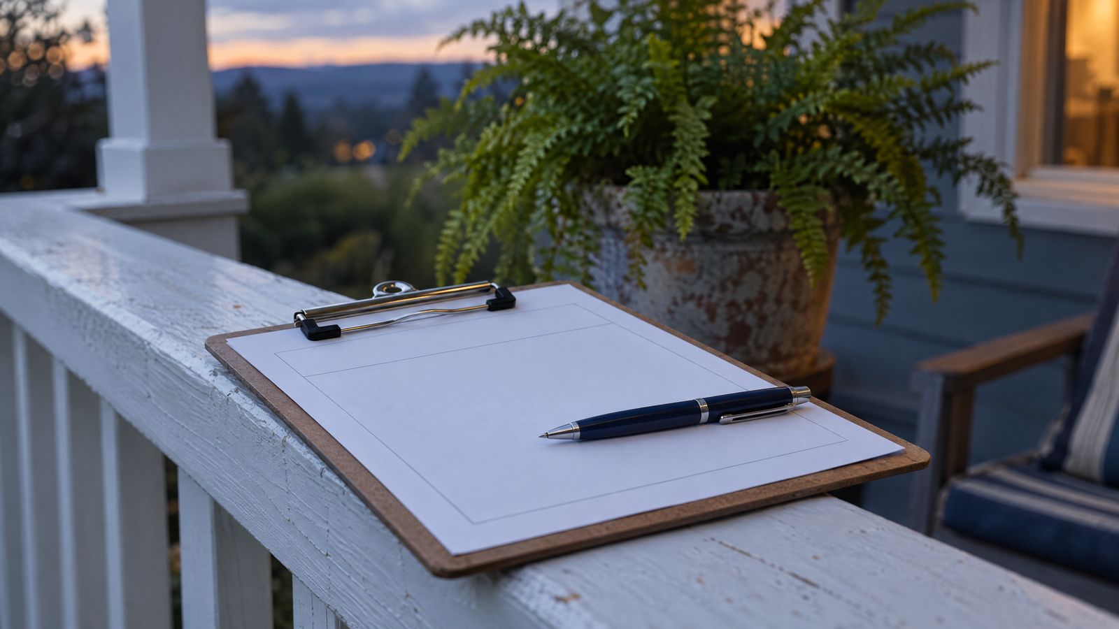 Clipboard with a blank form on a porch railing