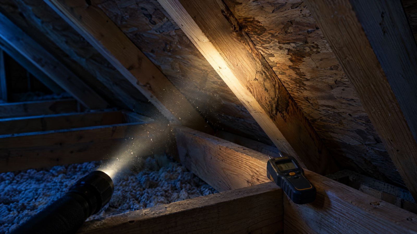 Flashlight and moisture meter in an attic during a home inspection