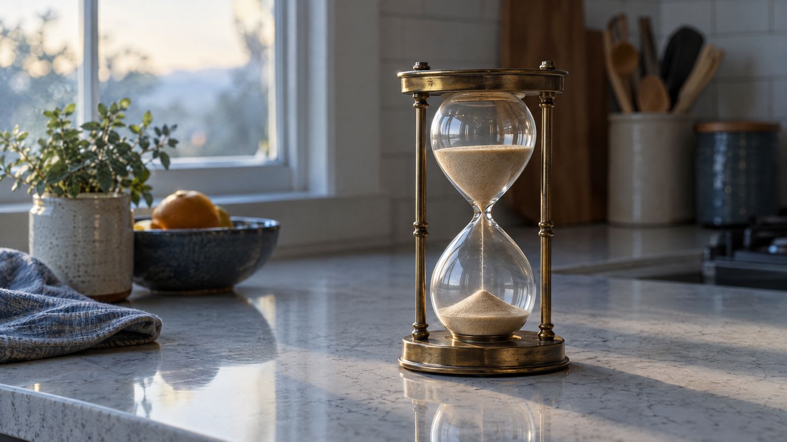 Brass hourglass on a kitchen counter
