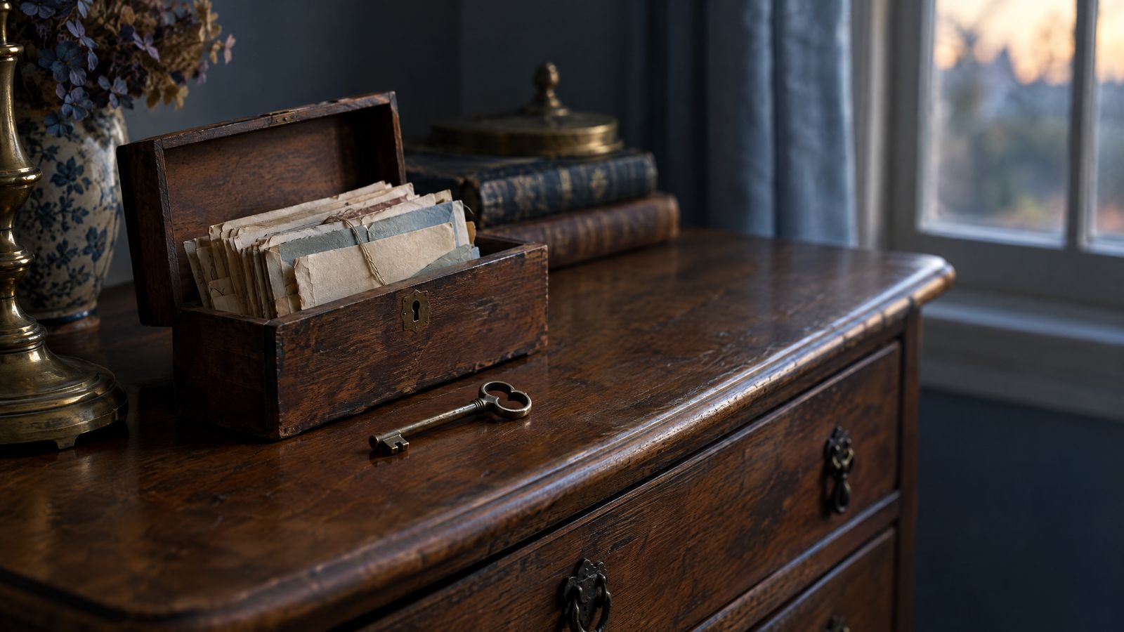 Old letters and a brass key on an antique dresser