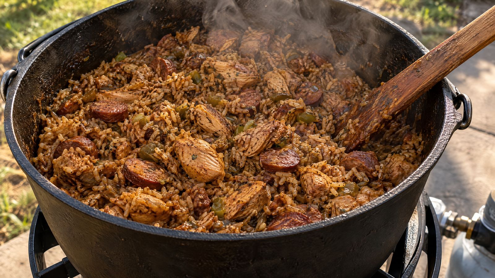 Cast-iron pot of brown jambalaya on an outdoor burner