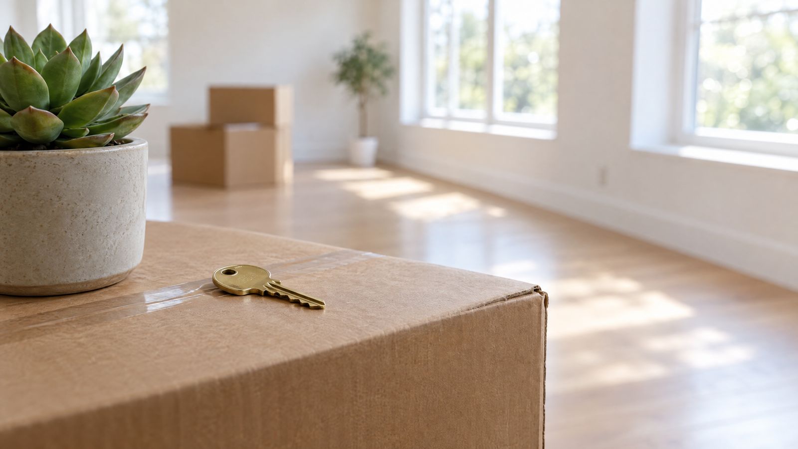 House key on a moving box beside a succulent