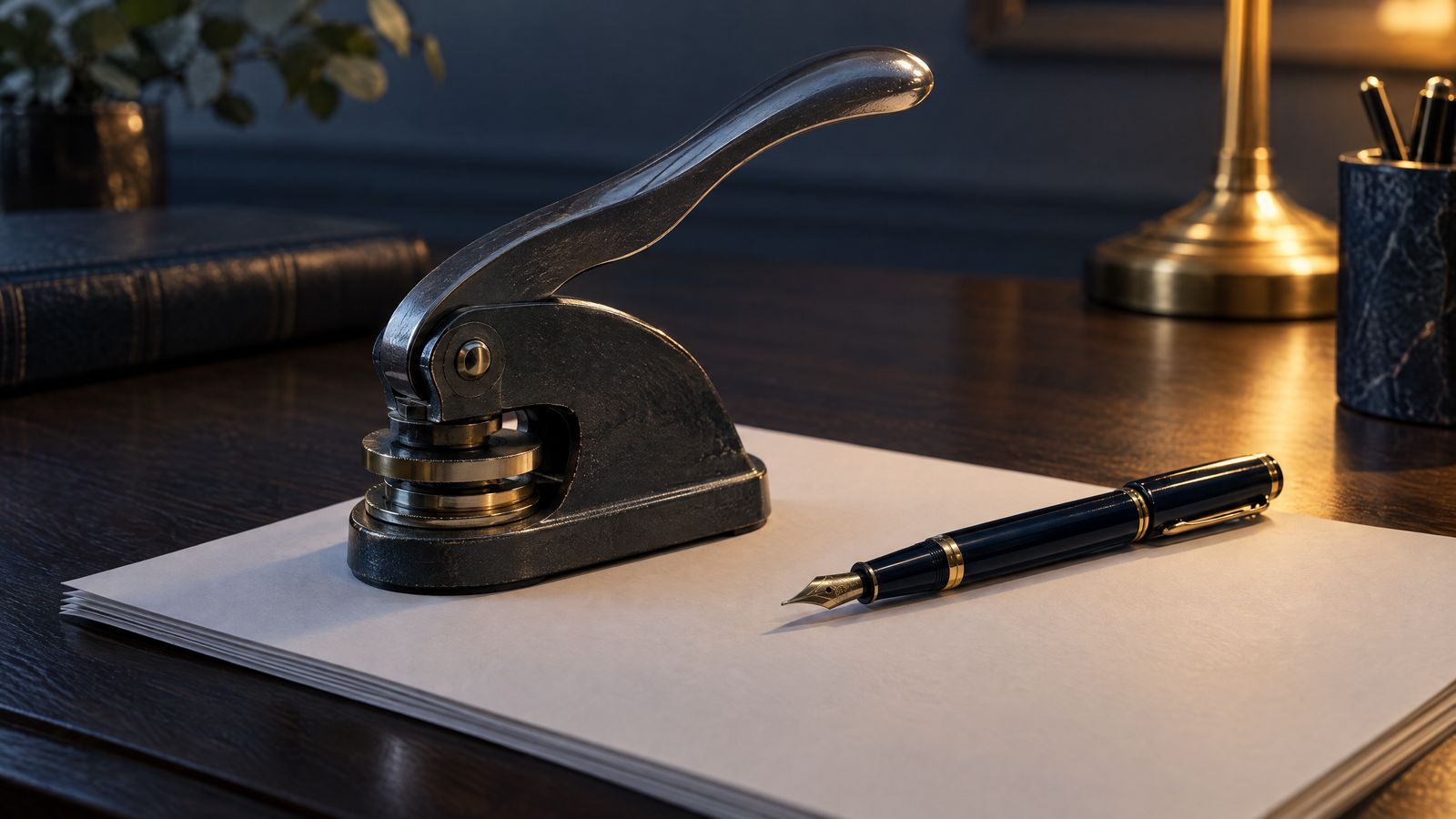 Notary seal press and pen on paperwork