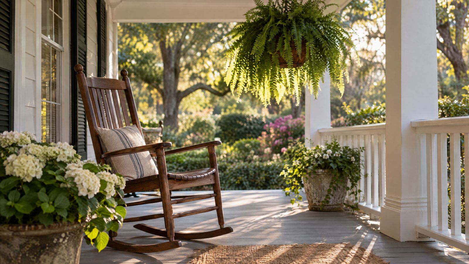 Front porch with a rocking chair and hanging fern