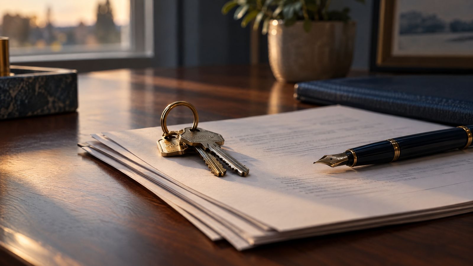 House keys and closing papers on a desk