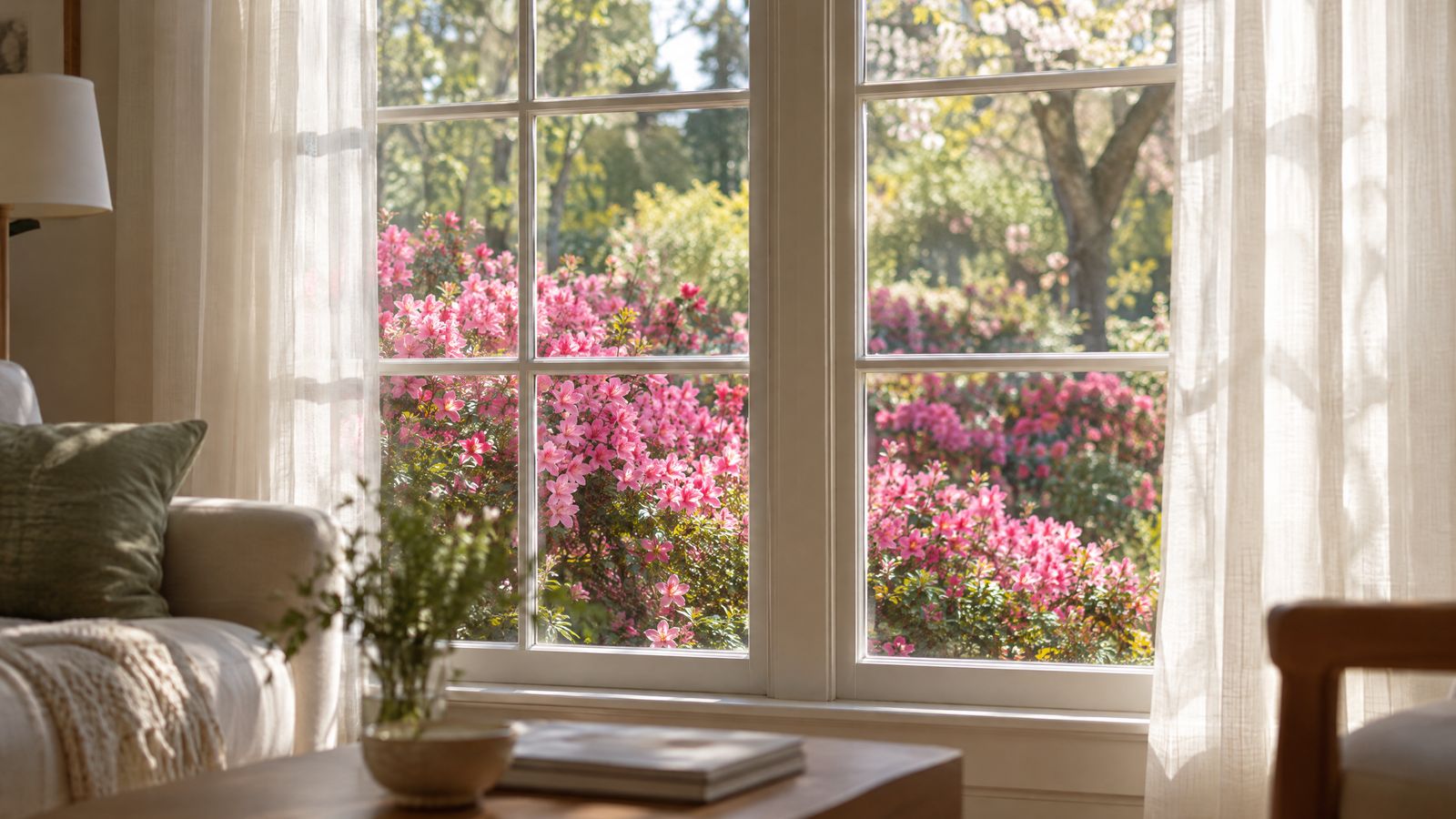 Spring azaleas blooming outside a living room window