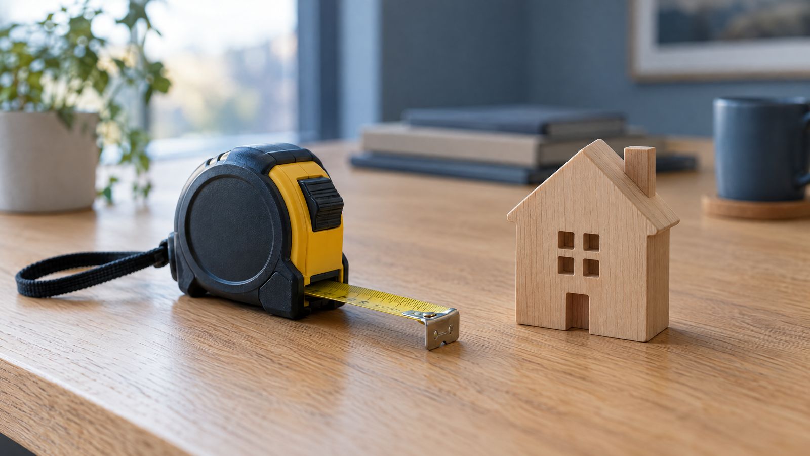 Tape measure beside a small wooden house model