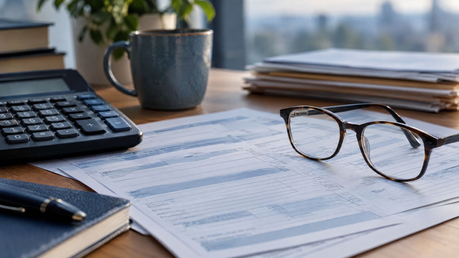 Tax paperwork, calculator and reading glasses on a desk