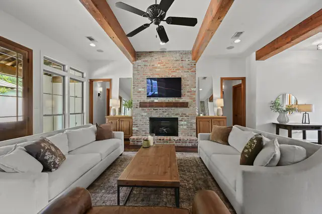 Great room with brick fireplace